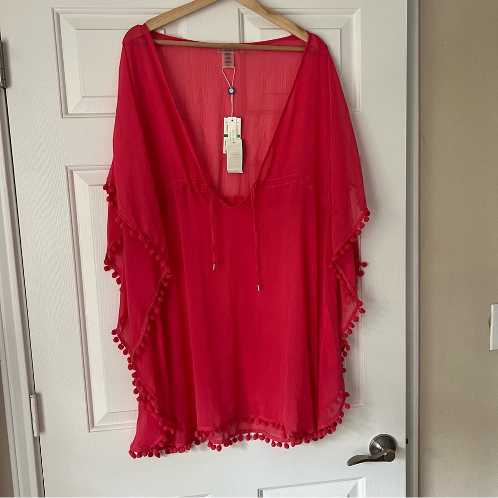 Bleu Rod Beattie Pink Mango Pompom Cover-Up Caftan
